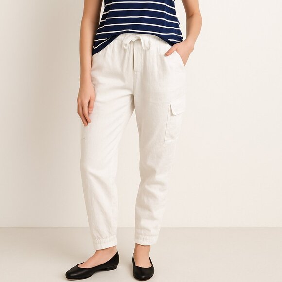 NICOLE MILLER White 100% Linen Pull-On Cargo Jogger White Pants Size Small - Picture 1 of 7